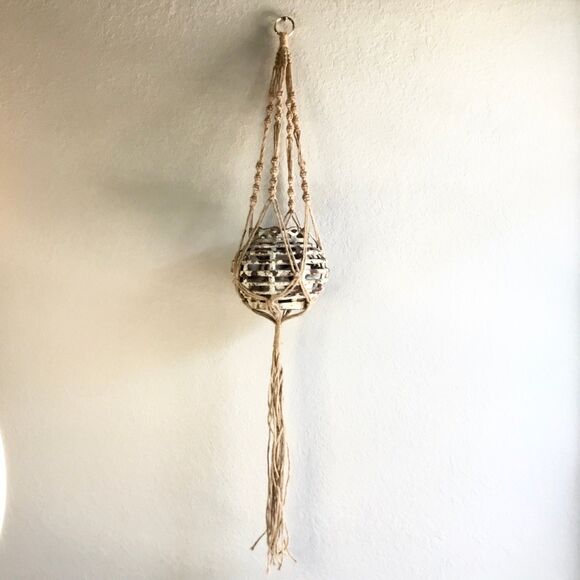 Macreme plant holder with gold color ring, twist design holds one plant boho - Picture 1 of 5